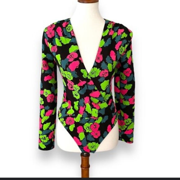 Zara Floral V-Neck Bodysuit - Black, Pink, Green - Picture 7 of 7